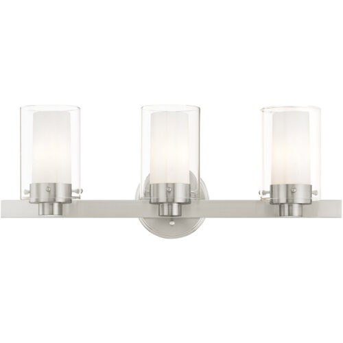 22.5 inch 3 Light Brushed Nickel Bathroom Vanity light fixture with Clear Outside Glass & Opal Inside Glass Shade-Lighting LumensBath/Vanity