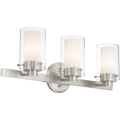 22.5 inch 3 Light Brushed Nickel Bathroom Vanity light fixture with Clear Outside Glass & Opal Inside Glass Shade-Lighting LumensBath/Vanity