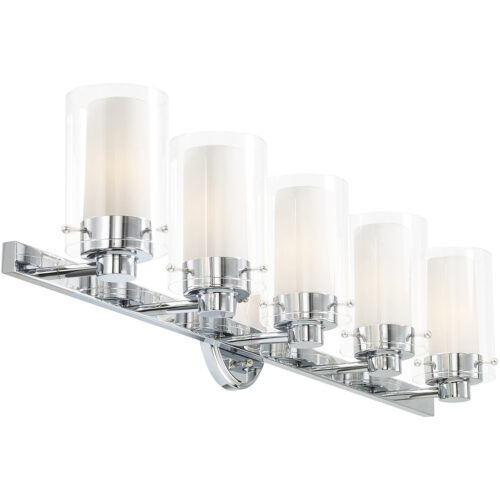 35.5 inch 5 Light Polished Chrome Bathroom Vanity light fixture with Hand Blown Clear Outside Glass and Opal Inside Glass Shade-Lighting LumensBath/Vanity