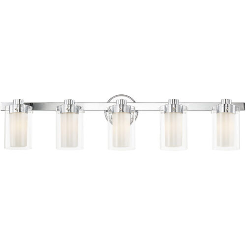 35.5 inch 5 Light Polished Chrome Bathroom Vanity light fixture with Hand Blown Clear Outside Glass and Opal Inside Glass Shade-Lighting LumensBath/Vanity