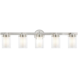 35.5 inch 5 Light Brushed Nickel Bathroom Vanity light fixture with Hand Blown Clear Outside Glass and Opal Inside Glass Shade-Lighting LumensBath/Vanity