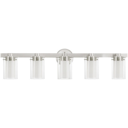 35.5 inch 5 Light Brushed Nickel Bathroom Vanity light fixture with Hand Blown Clear Outside Glass and Opal Inside Glass Shade-Lighting LumensBath/Vanity