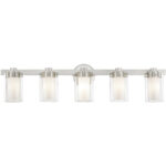 35.5 inch 5 Light Brushed Nickel Bathroom Vanity light fixture with Hand Blown Clear Outside Glass and Opal Inside Glass Shade-Lighting LumensBath/Vanity