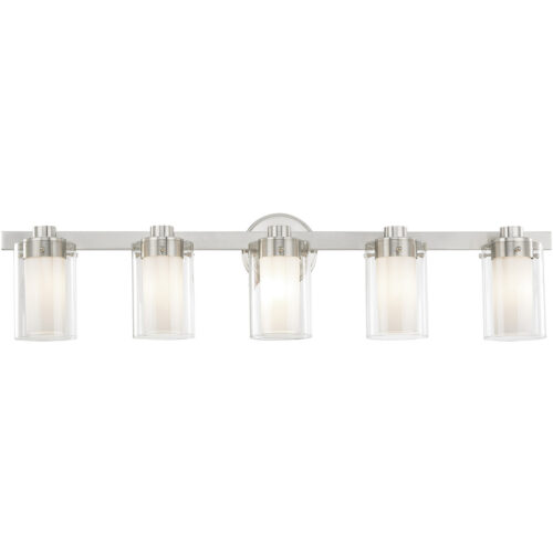 35.5 inch 5 Light Brushed Nickel Bathroom Vanity light fixture with Hand Blown Clear Outside Glass and Opal Inside Glass Shade-Lighting LumensBath/Vanity