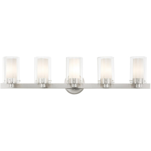 35.5 inch 5 Light Brushed Nickel Bathroom Vanity light fixture with Hand Blown Clear Outside Glass and Opal Inside Glass Shade-Lighting LumensBath/Vanity