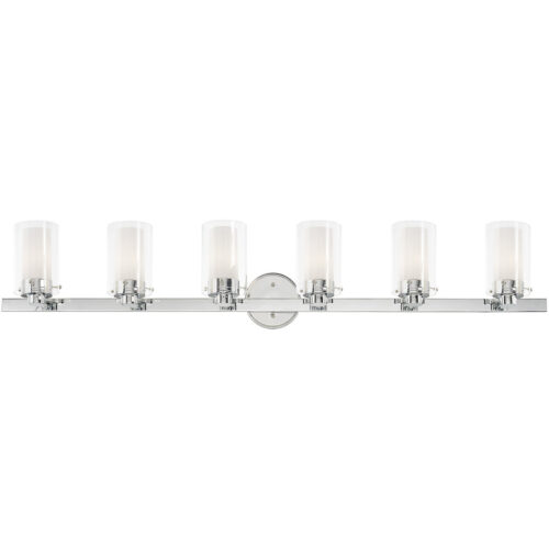 47.5 inch 6 Light Polished Chrome Bathroom Vanity light fixture with Hand Blown Clear Outside Glass and Opal Inside Glass Shade-Lighting LumensBath/Vanity