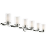 47.5 inch 6 Light Polished Chrome Bathroom Vanity light fixture with Hand Blown Clear Outside Glass and Opal Inside Glass Shade-Lighting LumensBath/Vanity