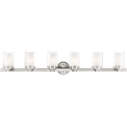 47.5 inch 6 Light Brushed Nickel Bathroom Vanity light fixture with Hand Blown Clear Outside Glass and Opal Inside Glass Shade-Lighting LumensBath/Vanity