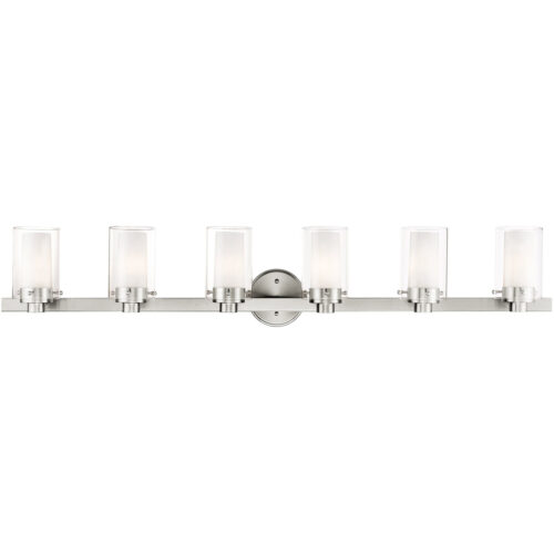 47.5 inch 6 Light Brushed Nickel Bathroom Vanity light fixture with Hand Blown Clear Outside Glass and Opal Inside Glass Shade-Lighting LumensBath/Vanity