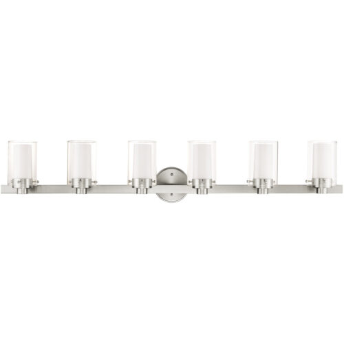 47.5 inch 6 Light Brushed Nickel Bathroom Vanity light fixture with Hand Blown Clear Outside Glass and Opal Inside Glass Shade-Lighting LumensBath/Vanity