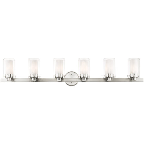 47.5 inch 6 Light Brushed Nickel Bathroom Vanity light fixture with Hand Blown Clear Outside Glass and Opal Inside Glass Shade-Lighting LumensBath/Vanity