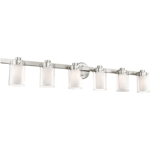 47.5 inch 6 Light Brushed Nickel Bathroom Vanity light fixture with Hand Blown Clear Outside Glass and Opal Inside Glass Shade-Lighting LumensBath/Vanity