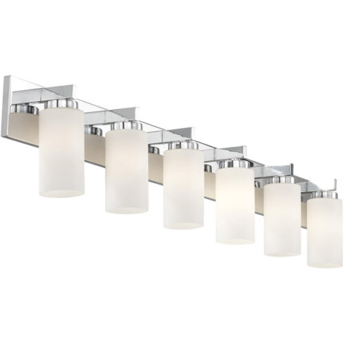 47 inch 6 Light Polished Chrome Bathroom Vanity light fixture with Hand Blown Satin Opal White Cylinder Glass Shade-Lighting LumensBath/Vanity