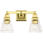 15 inch 2 Light Polished Brass Bathroom Vanity light fixture with Clear Glass Shade-Lighting LumensBath/Vanity