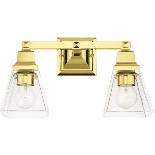 15 inch 2 Light Polished Brass Bathroom Vanity light fixture with Clear Glass Shade-Lighting LumensBath/Vanity