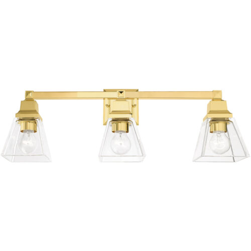 25.25 inch 3 Light Polished Brass Bathroom Vanity light fixture with Clear Glass Shade-Lighting LumensBath/Vanity