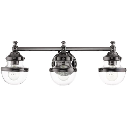 24 inch 3 Light Polished Black Chrome Bathroom Vanity light fixture with Hand Blown Clear Glass Shade-Lighting LumensBath/Vanity