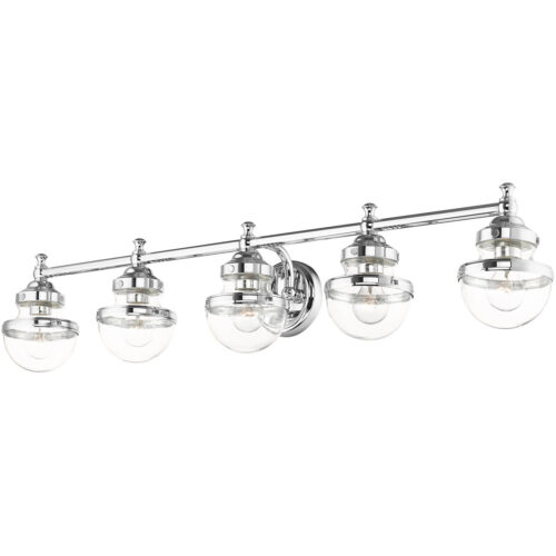 42 inch 5 Light Polished Chrome Bathroom Vanity light fixture with Hand Blown Clear Glass Shade-Lighting LumensBath/Vanity