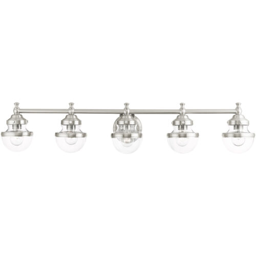 42 inch 5 Light Brushed Nickel Bathroom Vanity light fixture with Hand Blown Clear Glass Shade-Lighting LumensBath/Vanity