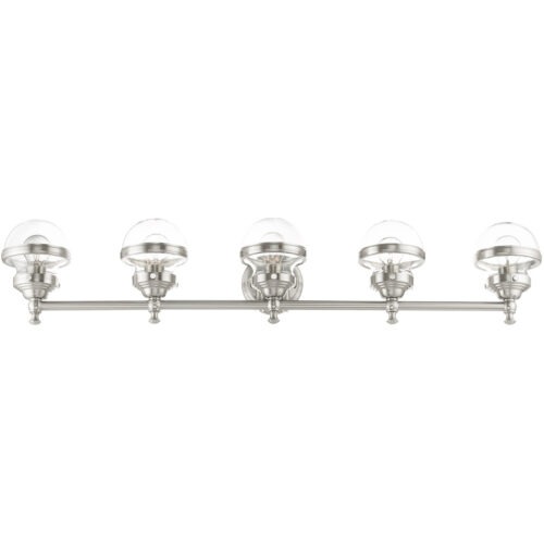 42 inch 5 Light Brushed Nickel Bathroom Vanity light fixture with Hand Blown Clear Glass Shade-Lighting LumensBath/Vanity