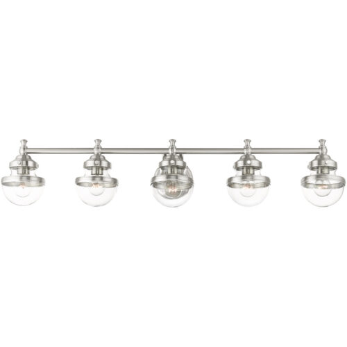 42 inch 5 Light Brushed Nickel Bathroom Vanity light fixture with Hand Blown Clear Glass Shade-Lighting LumensBath/Vanity