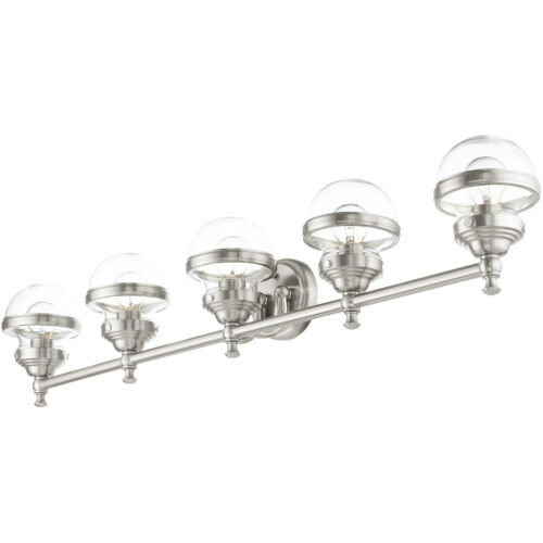 42 inch 5 Light Brushed Nickel Bathroom Vanity light fixture with Hand Blown Clear Glass Shade-Lighting LumensBath/Vanity