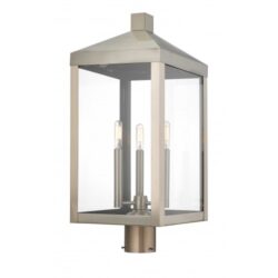 10.5 inch 3 Light Brushed Nickel Outdoor Post Top Lantern with Clear Glass Shade-Lighting LumensLantern