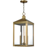 10.5 inch 3 Light Antique Brass Outdoor Pendant Lantern with Clear Glass Shade-Lighting LumensLantern