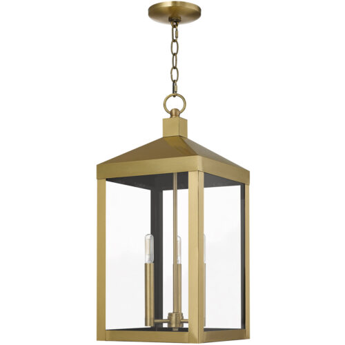 10.5 inch 3 Light Antique Brass Outdoor Pendant Lantern with Clear Glass Shade-Lighting LumensLantern