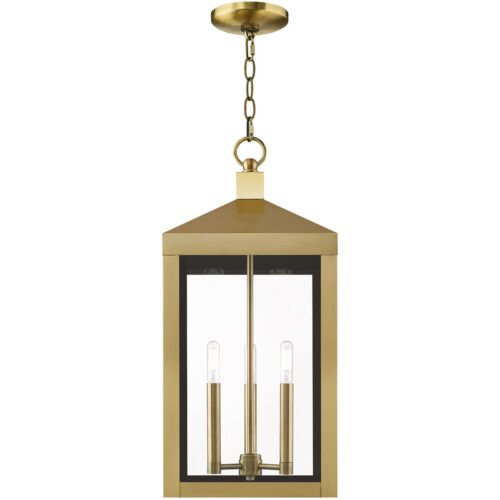 10.5 inch 3 Light Antique Brass Outdoor Pendant Lantern with Clear Glass Shade-Lighting LumensLantern