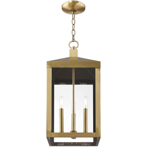 10.5 inch 3 Light Antique Brass Outdoor Pendant Lantern with Clear Glass Shade-Lighting LumensLantern