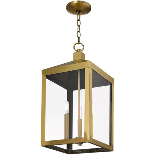 10.5 inch 3 Light Antique Brass Outdoor Pendant Lantern with Clear Glass Shade-Lighting LumensLantern