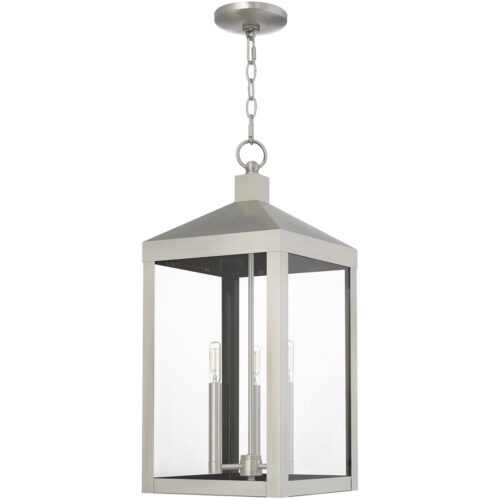 10.5 inch 3 Light Brushed Nickel Outdoor Pendant Lantern with Clear Glass Shade-Lighting LumensLantern