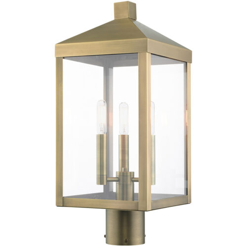 8.25 Sq. inch 3 Light Antique Brass Outdoor Post Top Lantern with Clear Glass Shade-Lighting LumensLantern