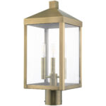 8.25 Sq. inch 3 Light Antique Brass Outdoor Post Top Lantern with Clear Glass Shade-Lighting LumensLantern