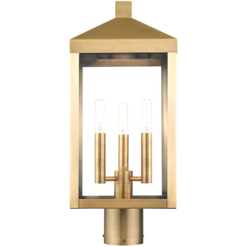 8.25 Sq. inch 3 Light Antique Brass Outdoor Post Top Lantern with Clear Glass Shade-Lighting LumensLantern