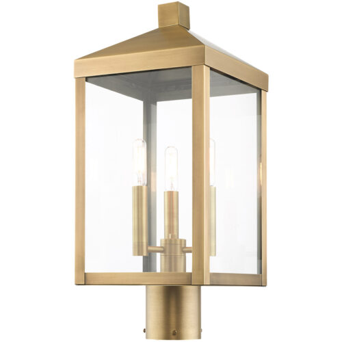 8.25 Sq. inch 3 Light Antique Brass Outdoor Post Top Lantern with Clear Glass Shade-Lighting LumensLantern