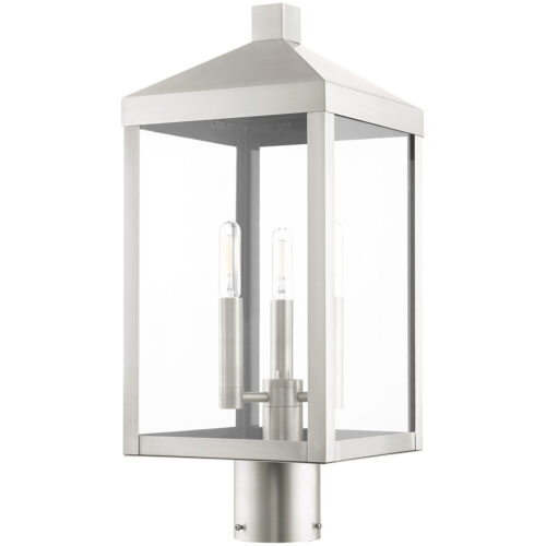 8.25 Sq. inch 3 Light Brushed Nickel Outdoor Post Top Lantern with Clear Glass Shade-Lighting LumensLantern