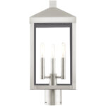 8.25 Sq. inch 3 Light Brushed Nickel Outdoor Post Top Lantern with Clear Glass Shade-Lighting LumensLantern