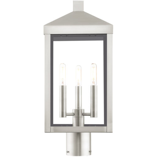 8.25 Sq. inch 3 Light Brushed Nickel Outdoor Post Top Lantern with Clear Glass Shade-Lighting LumensLantern