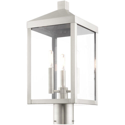 8.25 Sq. inch 3 Light Brushed Nickel Outdoor Post Top Lantern with Clear Glass Shade-Lighting LumensLantern