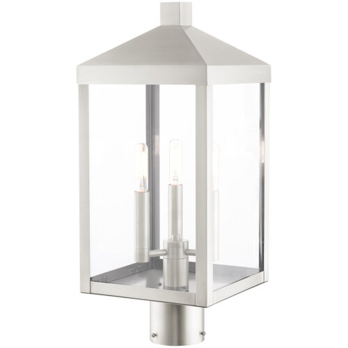 8.25 Sq. inch 3 Light Brushed Nickel Outdoor Post Top Lantern with Clear Glass Shade-Lighting LumensLantern