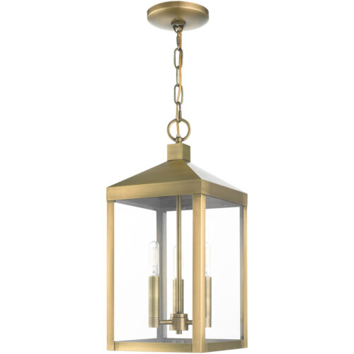 8.25 Sq. inch 3 Light Antique Brass Outdoor Pendant Lantern with Clear Glass Shade-Lighting LumensLantern