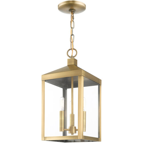 8.25 Sq. inch 3 Light Antique Brass Outdoor Pendant Lantern with Clear Glass Shade-Lighting LumensLantern