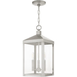 8.25 Sq. inch 3 Light Brushed Nickel Outdoor Pendant Lantern with Clear Glass Shade-Lighting LumensLantern