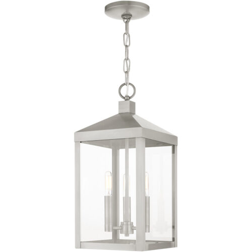 8.25 Sq. inch 3 Light Brushed Nickel Outdoor Pendant Lantern with Clear Glass Shade-Lighting LumensLantern