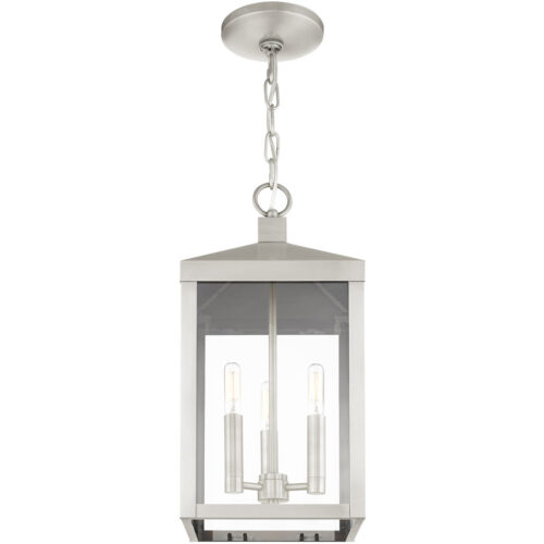 8.25 Sq. inch 3 Light Brushed Nickel Outdoor Pendant Lantern with Clear Glass Shade-Lighting LumensLantern