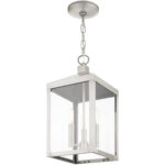 8.25 Sq. inch 3 Light Brushed Nickel Outdoor Pendant Lantern with Clear Glass Shade-Lighting LumensLantern