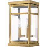 7.5 inch 2 Light Antique Brass Outdoor Wall Lantern with Clear Glass Shade-Lighting LumensLantern