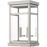 7.5 inch 2 Light Brushed Nickel Outdoor Wall Lantern with Clear Glass Shade-Lighting LumensLantern